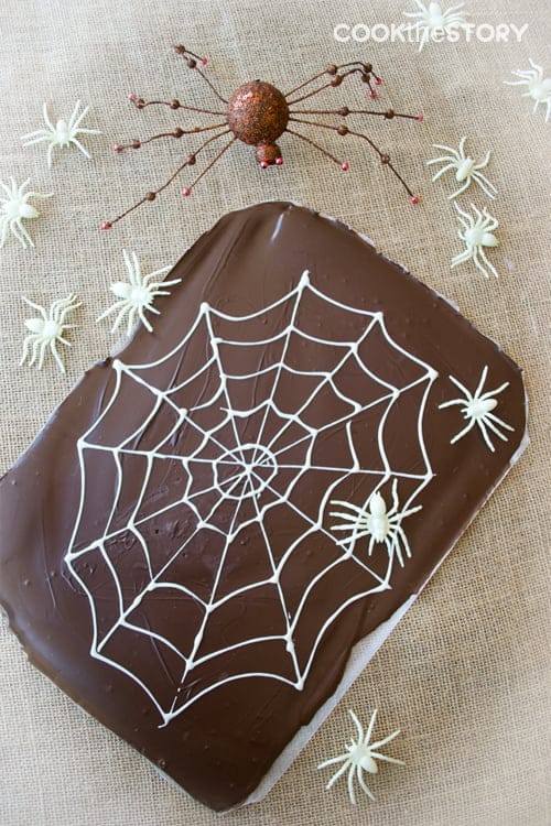 Two-Ingredient Spider's Web Halloween Chocolate Bark surrounded by fake spiders.