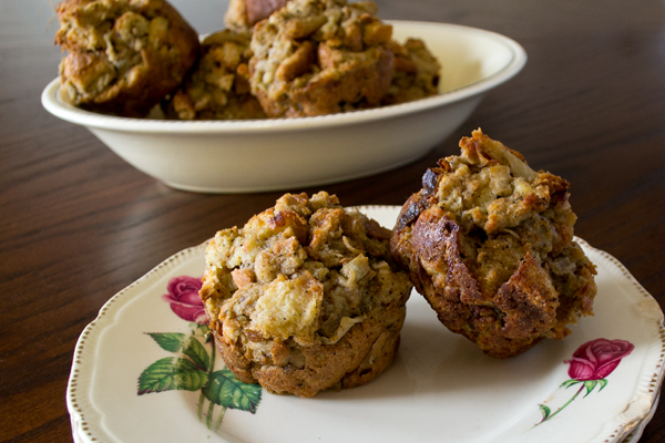 Stuffing Muffins on plate and in bowl in background.