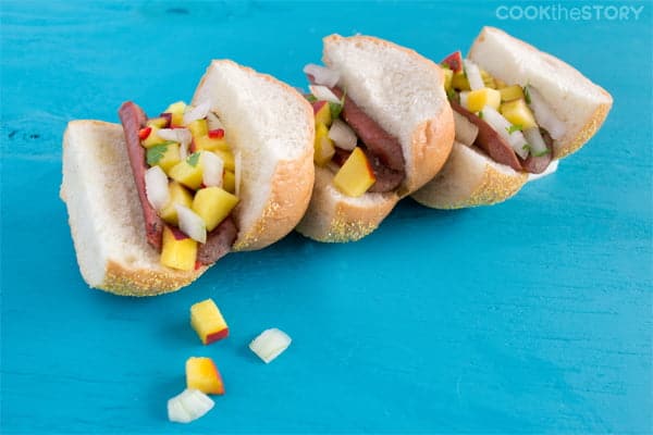 Hot Dog Sliders with a peach and onion salsa.