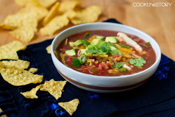 Quick Chicken Tortilla Soup surrounded with tortilla chips.