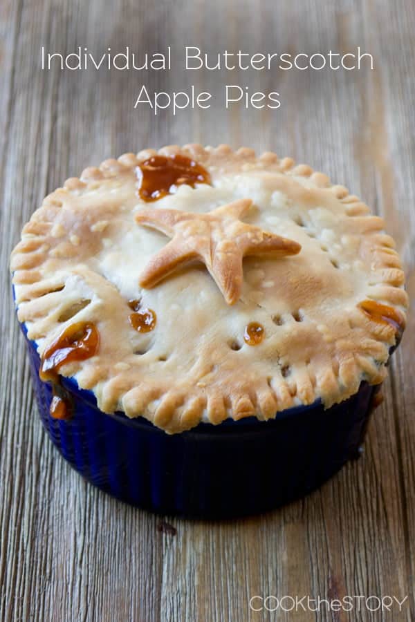Individual Butterscotch Apple Pie in a blue ramekin.
