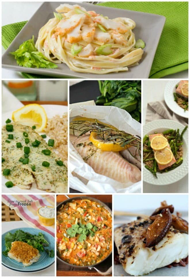 Collage of pictures of fish dishes, prepared from frozen.