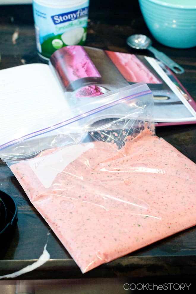 Strawberry Frozen Yogurt laying flat in a zip-tip bag on the counter.